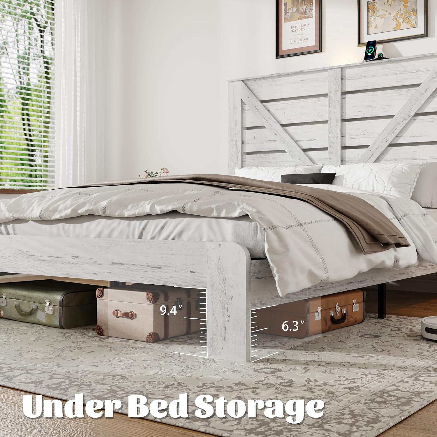 Queen Size Wooden Bed Frame with Headboard, Rustic Farmhouse Platform Bedframe with Metal Slat Support, Under Bed Storage Space, Easy Assembly, Noisy Free (Boho White, Queen)