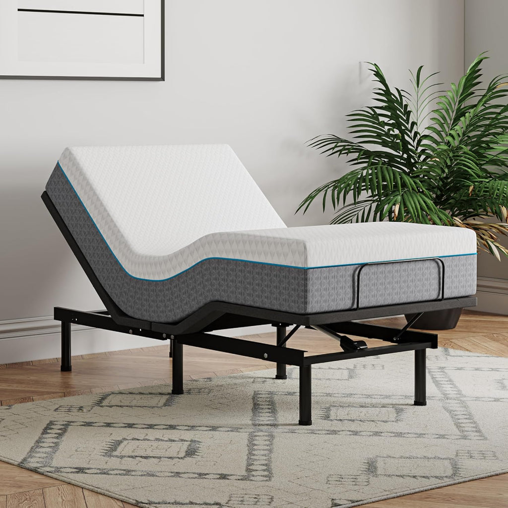 EGOHOME Twin XL Adjustable Bed Frame and 14 inch Charcoal Gel Memory Foam Mattress, Independent Head and Foot Incline with Massage Foldable Bed, Wireless Remote, Zero Gravity, No Headboard