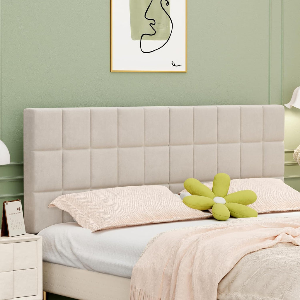 ALISH Velvet Tufted Headboard with Adjustable Height and Width, Foldable Upholstered Headboard with Metal Legs for King Size Metal and Wood Bed Frame (Beige, King)