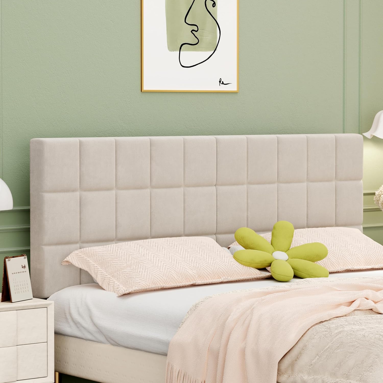 ALISH Velvet Tufted Headboard with Adjustable Height and Width, Foldable Upholstered Headboard with Metal Legs for King Size Metal and Wood Bed Frame (Beige, King)