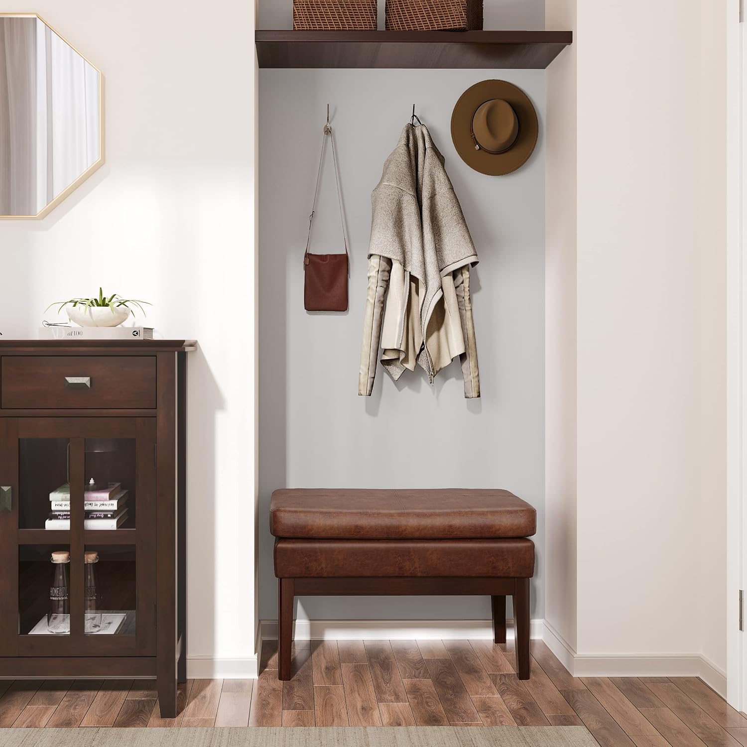 SIMPLIHOME Carlson Small Ottoman Bench - 27 inch Wide Upholstered Woven Fabric Rectangle Ottoman in Distressed Saddle Brown, Mid Century Modern Bench for Bedroom or Living Room with Padded Seat