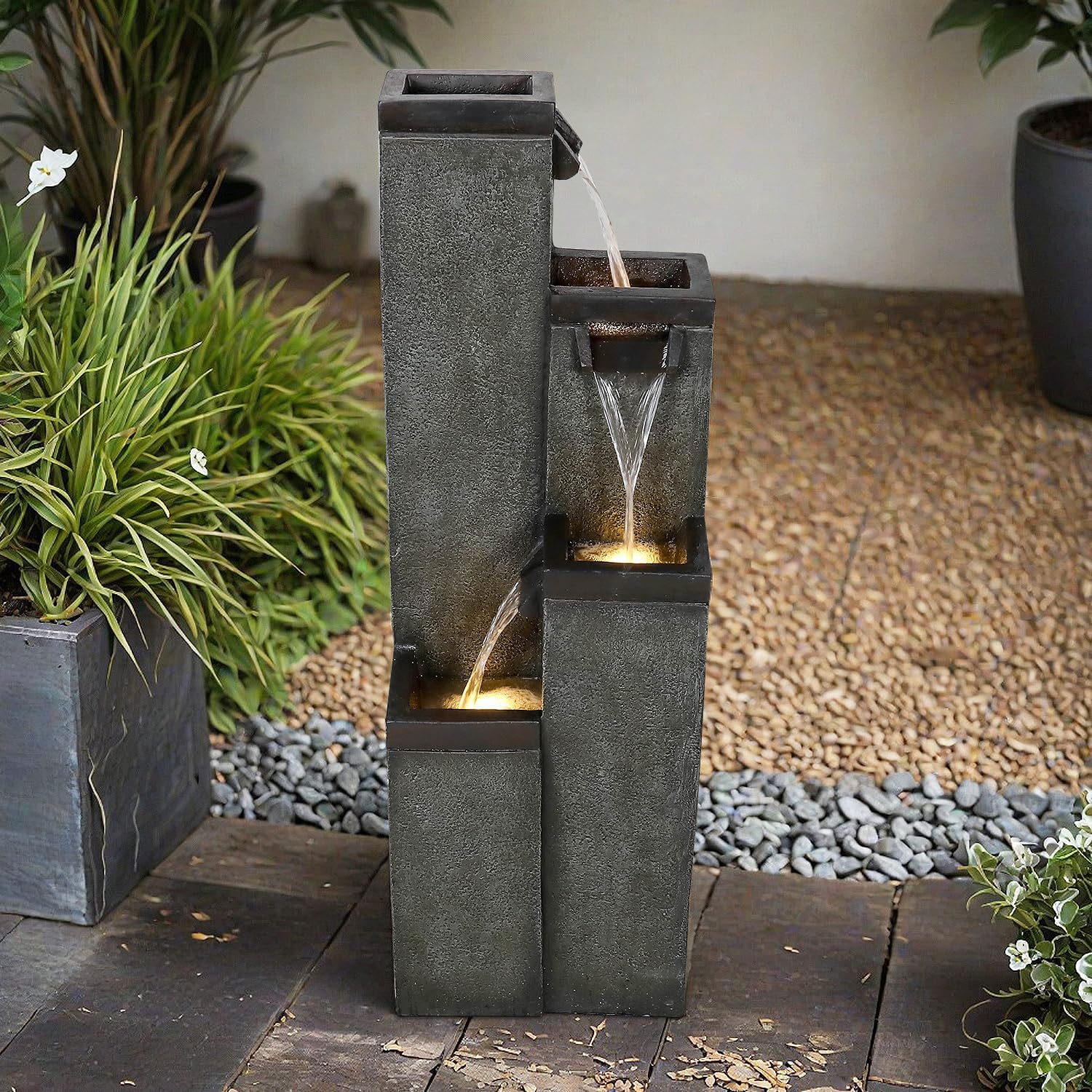 SunJet 4-Tier Modern Water Fountain, Indoor/Outdoor Resin Water Fountains with Soothing Water Sounds, Perfect for Garden, Patio, Home & Office, 12.5' L x 9.4' W x 39.3' H