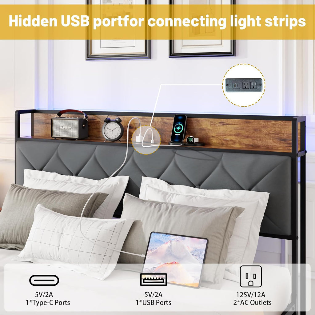 King Size Metal Platform Bed Frame with 2 Storage Drawers, LED Light, Velvet Headboard with USB Port - Heavy Duty, Brown Wooden Panel, No Box Spring Needed - King Bed Frame with Storage (Brown, King)