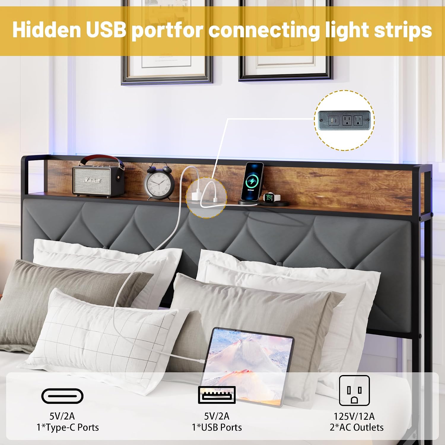 King Size Metal Platform Bed Frame with 2 Storage Drawers, LED Light, Velvet Headboard with USB Port - Heavy Duty, Brown Wooden Panel, No Box Spring Needed - King Bed Frame with Storage (Brown, King)