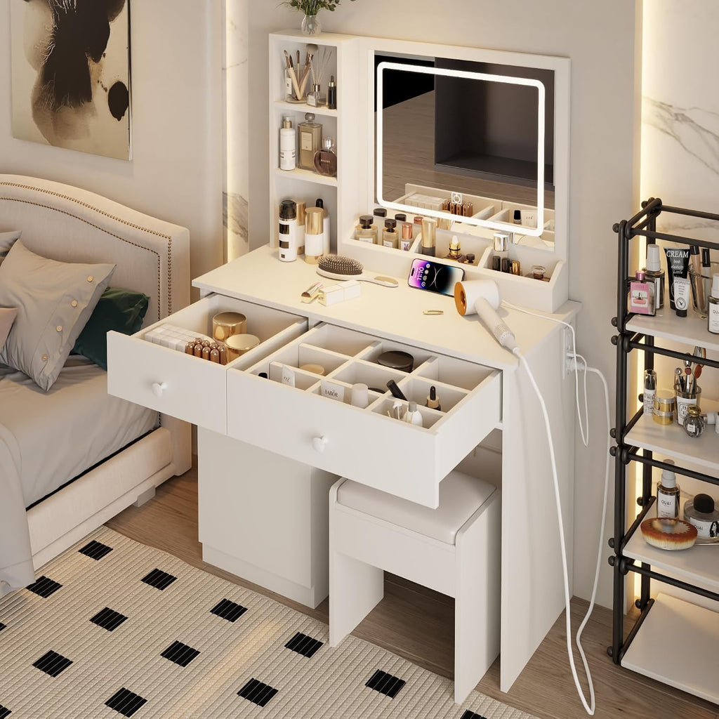 Makeup Vanity Desk with Mirror and Lights, Vanity Table Set with Storage Drawer & Chair & 3 Shelves, 3 Lighting Colors, Adjustable Brightness White Makeup Vanity with Lights (Large with USB)