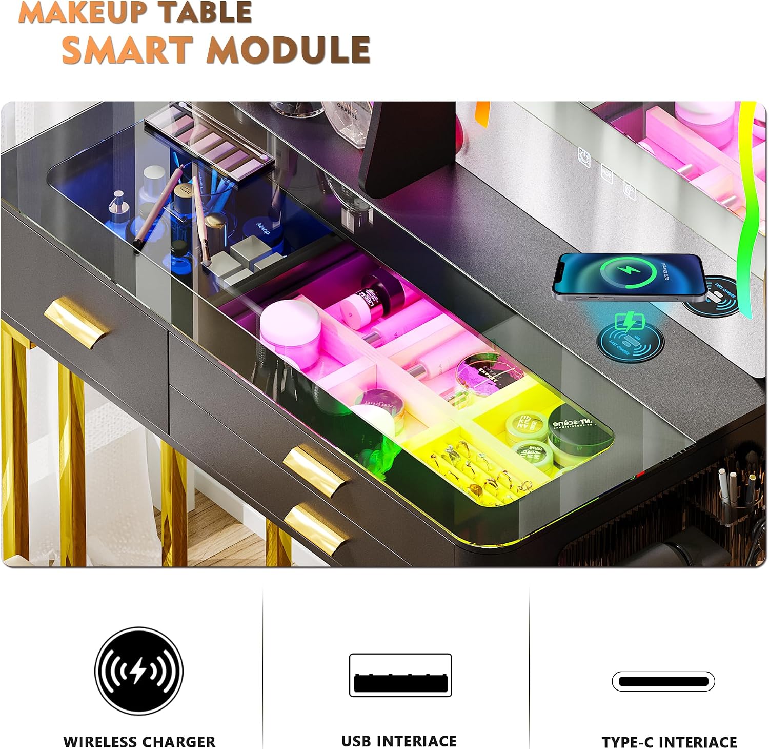 RGB Makeup Vanity Desk with Wireless Charging Station,7 Dynamic and 7 Static Dimmable Vanity Table with Visible Glass Top,Auto Sensor LED Make up Vanity with Mirror and Lights,Stool