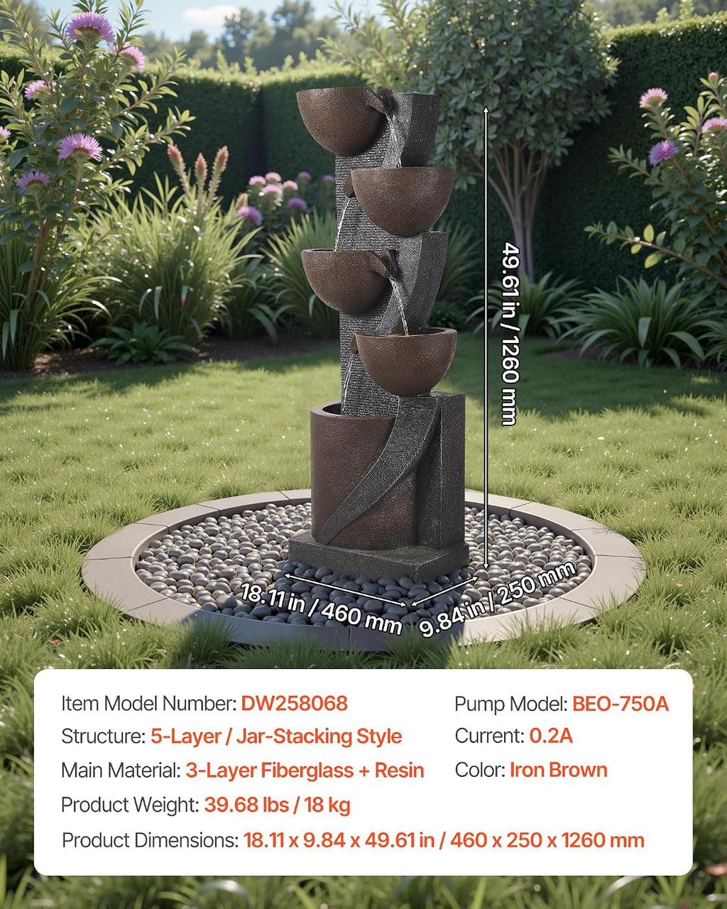 VEVOR Outdoor Water Fountain, 49.61 in Height Fountain and Waterfall, 5-Tier Floor Standing Jar-Shaped Cascading Fountains with LED Light and Pump, for Outdoor Indoor Garden, Home, Patio & Backyard