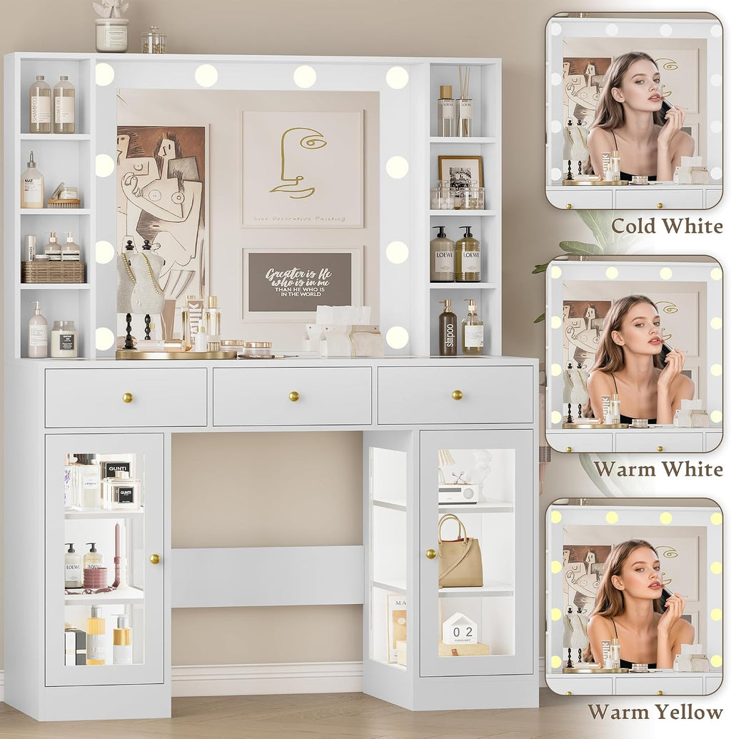 Wodeer Makeup Vanity Desk with Mirror and Lights, White Vanity with Glass Top, LED Lights & Power Outlet, 3 Drawers & 2 RGB Glass Cabinets, Adjustable Lighted Dressing Table for Women & Girls Bedroom
