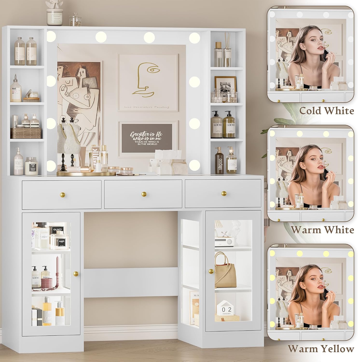 Wodeer Makeup Vanity Desk with Mirror and Lights, White Vanity with Glass Top, LED Lights & Power Outlet, 3 Drawers & 2 RGB Glass Cabinets, Adjustable Lighted Dressing Table for Women & Girls Bedroom