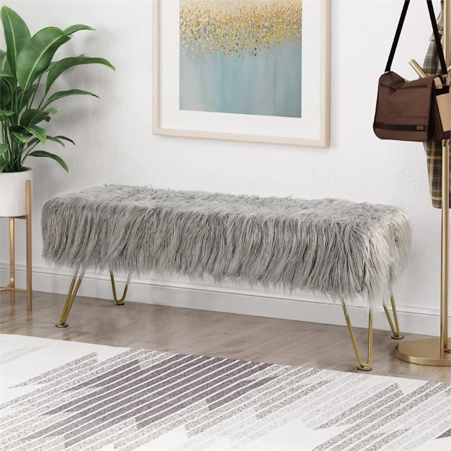 Gray Soft Plush Faux Fur Ottoman Entryway Bench Furry Footrest Stool 46'x16'x17' Sturdy Accent Long Bench for Bedroom End of Bed Closet Vanity Fuzzy Coffee Table Living Room Ottoman Gold Legs