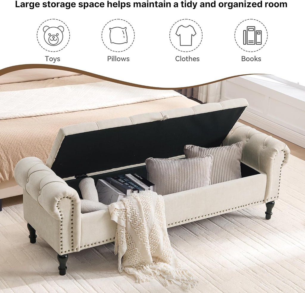 Storage Bed Bench for Bedroom, Chenille 67' End of Bed King Size Benches with Armrest, Tufted Button Upholstered Ottoman Bench for Living Room, Entryway, Camel
