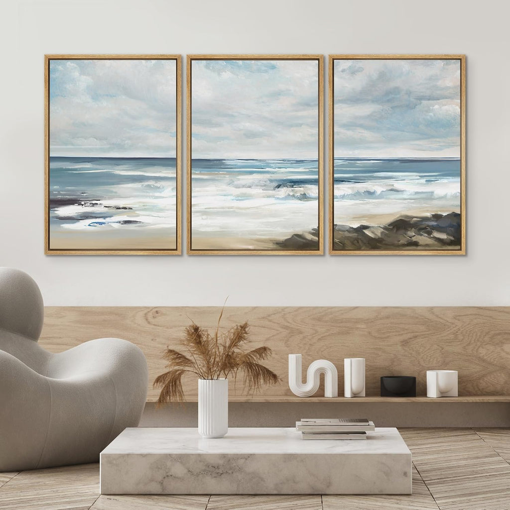 SIGNWIN Framed Canvas Print Wall Art Set Teal Sky Ocean Wave Beach Shore Nature Wilderness Illustrations Modern Art Decorative Scenic Rustic Zen for Living Room, Bedroom, Office - 16'x24'x3 Natural