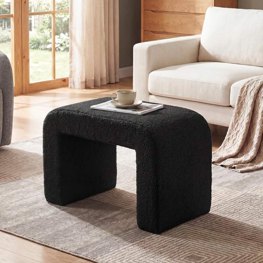 Tribesigns Modern Vanity Stool, Sherpa Upholstered Foot Stool Ottoman, Large Foot Rest for Couch, Shoe Bench for Entryway, Extra Seating for Living Room, Bedroom, Dressing Room, No Assembly, Black