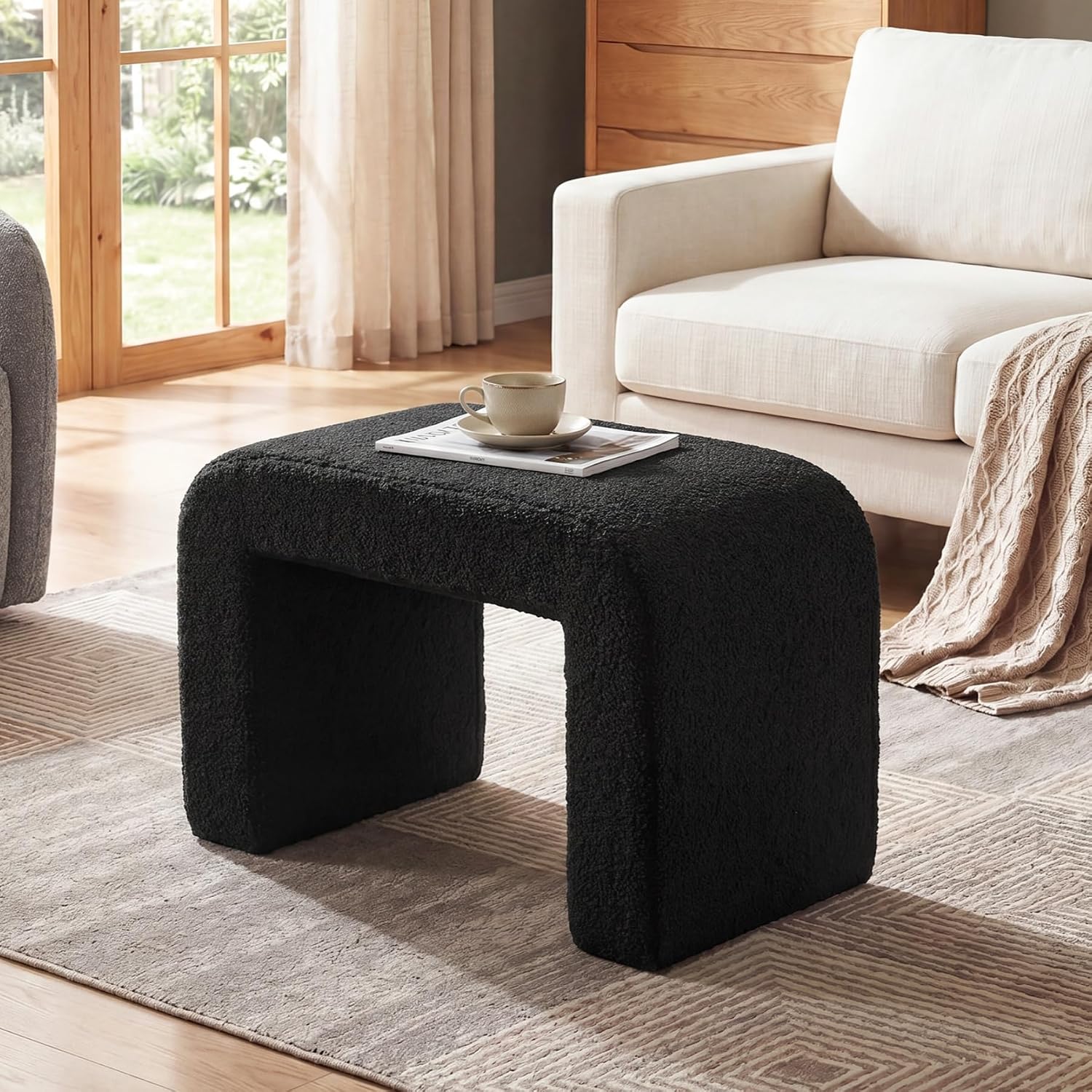 Tribesigns Modern Vanity Stool, Sherpa Upholstered Foot Stool Ottoman, Large Foot Rest for Couch, Shoe Bench for Entryway, Extra Seating for Living Room, Bedroom, Dressing Room, No Assembly, Black