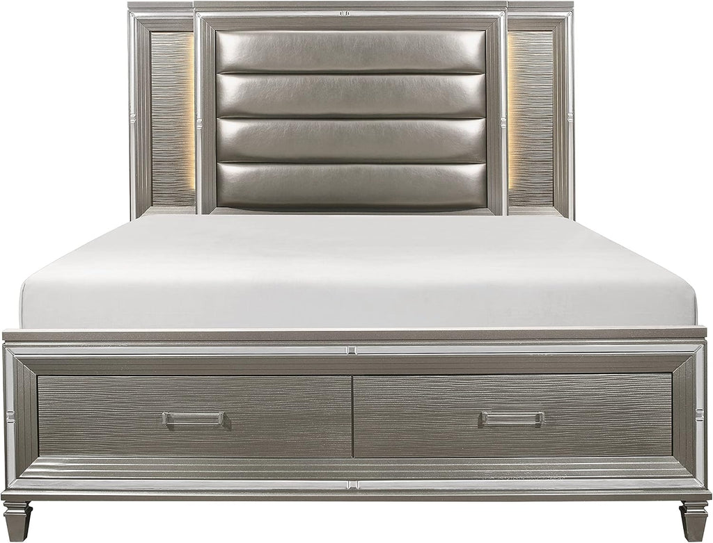 Silver Gray Metallic Finish 5pc Bedroom Furniture Set Tufted California King Size Platform Bed LED Light Upholstered Headboard