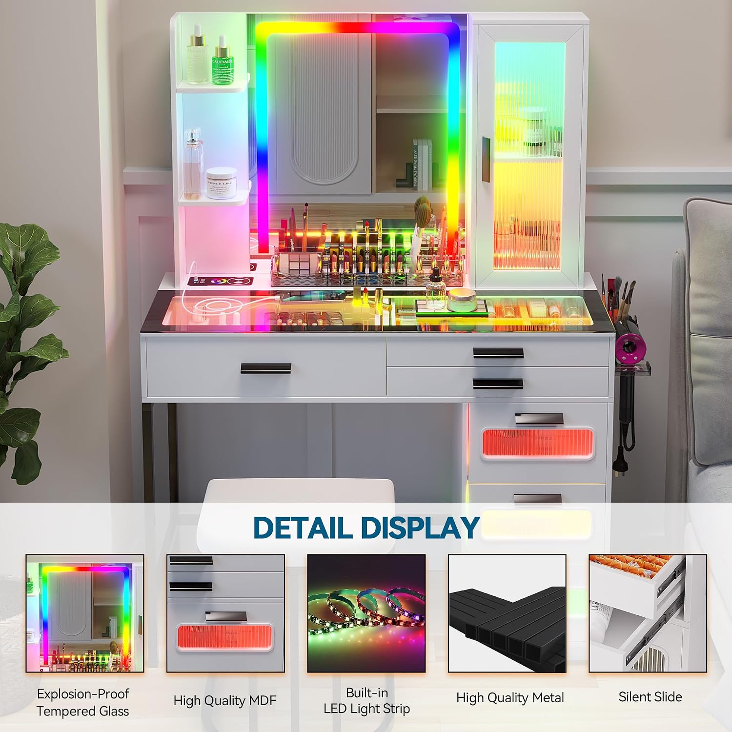 HENBC Vanity with Mirror and LED Lights, Glass Top Vanity Desk with Charging Station(Wireless+USB+Type-C), RGB Makeup Table Set with Stool/Makeup Organizer/6 Drawers (White)