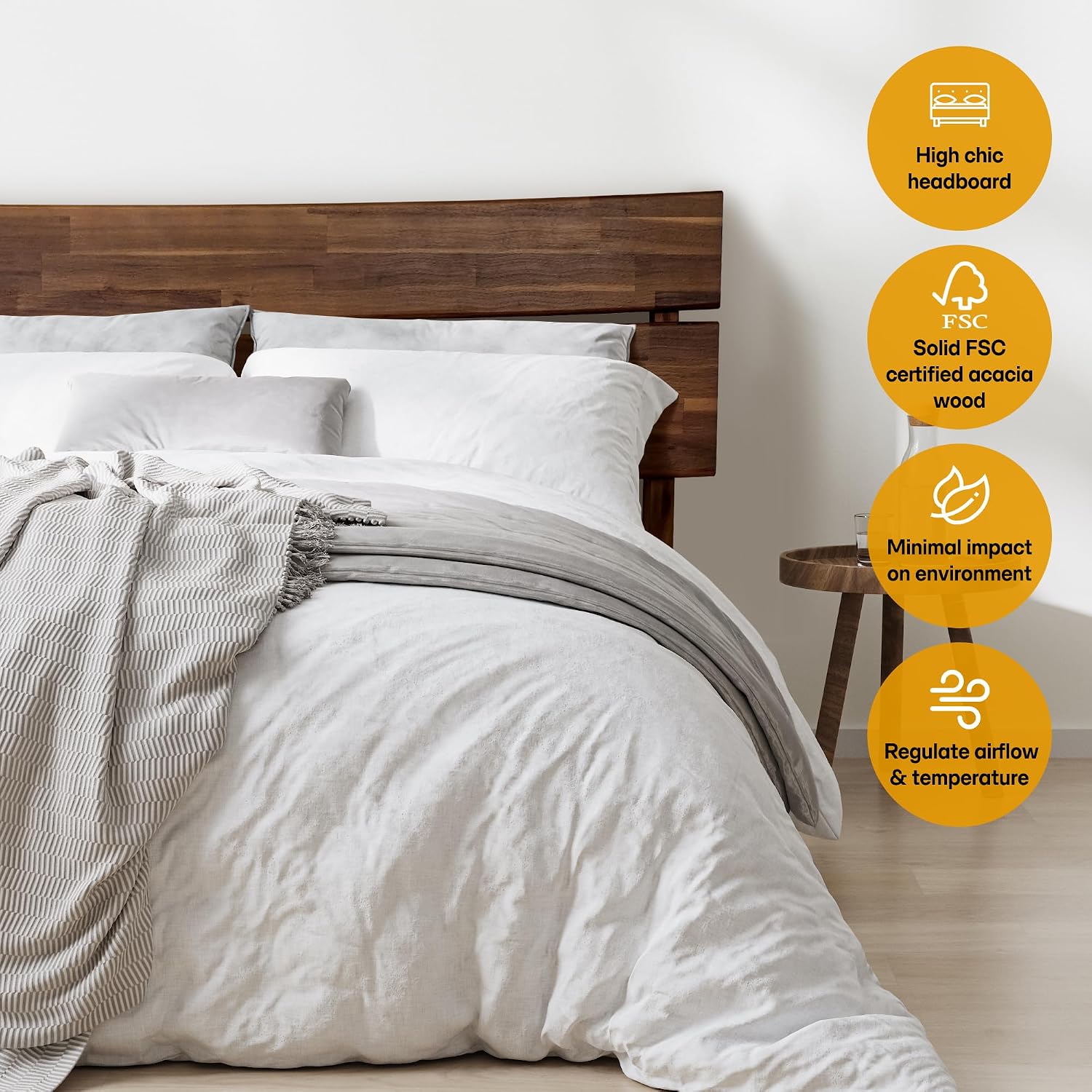 Acacia Aurora Bed Frame with Headboard Solid Wood Platform Bed, Bed Frame King, Scandinavian Signature Wood Bed Compatible with All Mattress Types, Non-Slip and Noise-Free, Chocolate