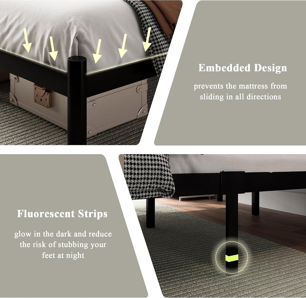 Feonase Queen Black Bed Frame, Heavy-Duty Metal Bed Frame with 13 Hardened Steel Slats, 12' Under-Bed Storage, Noise-Free, Easy Assembly