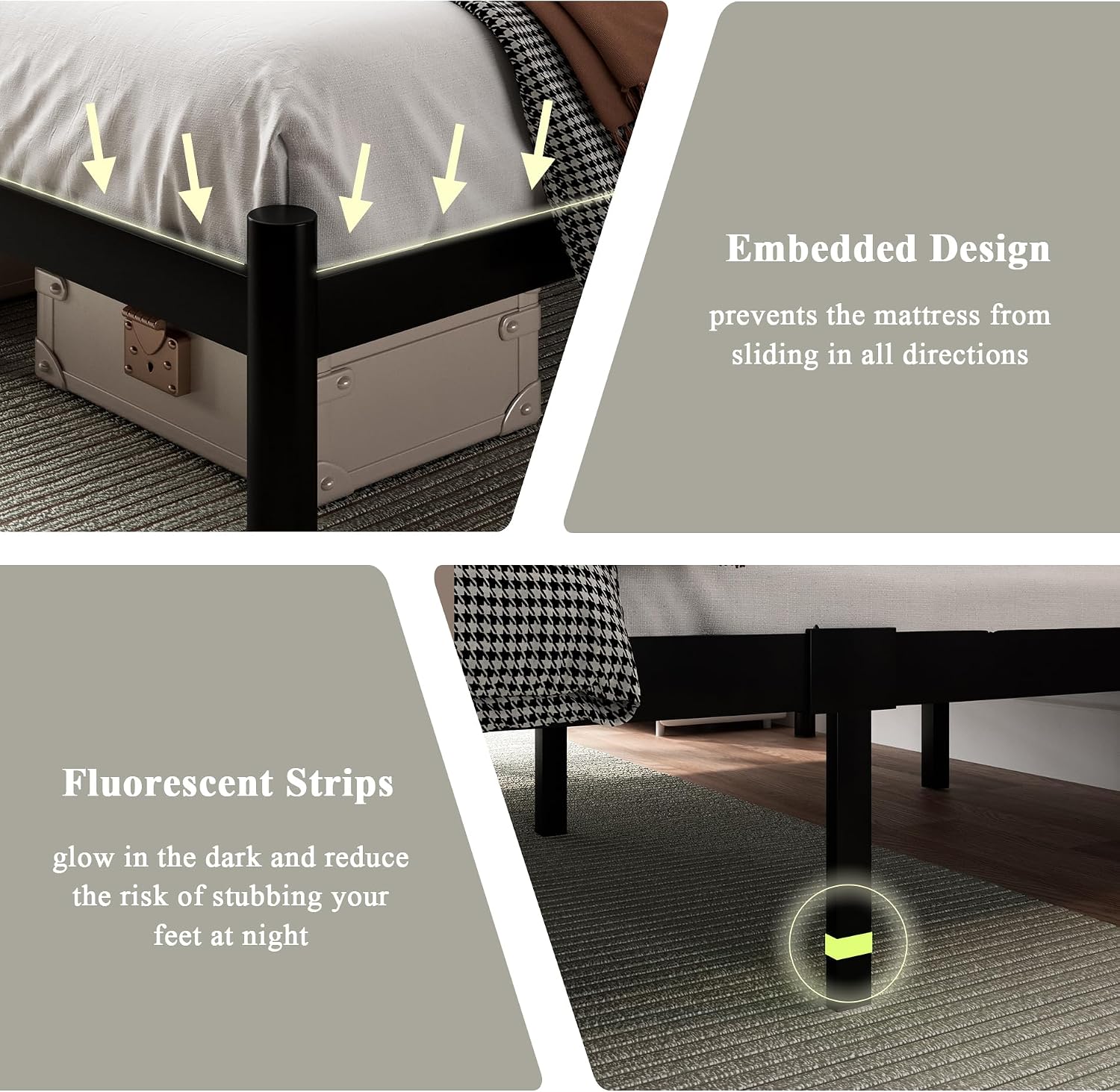 Feonase Queen Black Bed Frame, Heavy-Duty Metal Bed Frame with 13 Hardened Steel Slats, 12' Under-Bed Storage, Noise-Free, Easy Assembly