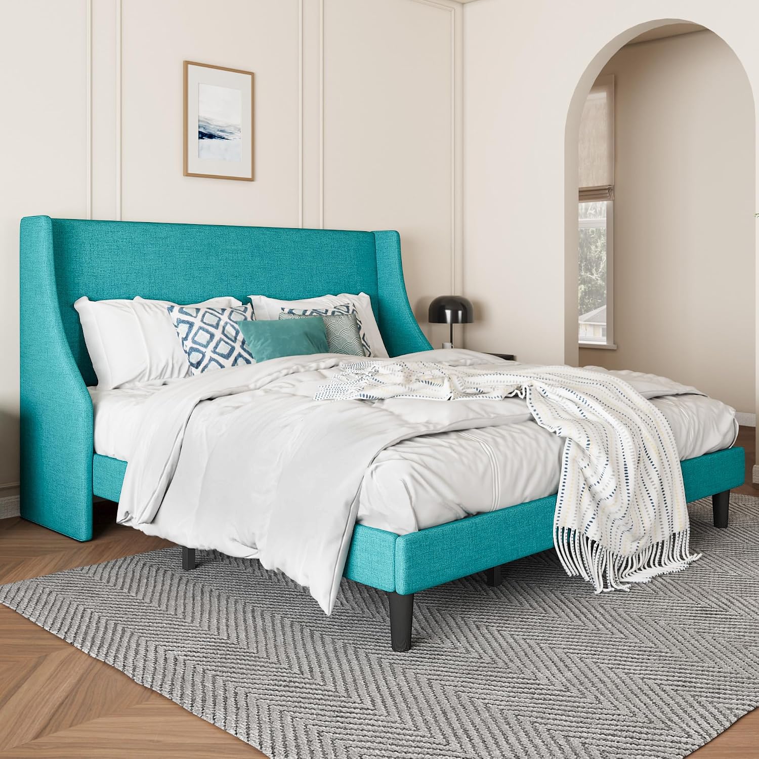 SHA CERLIN Upholstered Bed Frame King Size with Streamlined Wingback Headboard, Breathable Linen Fabric, Solid Wooden Slats, Easy Assembly, Blue
