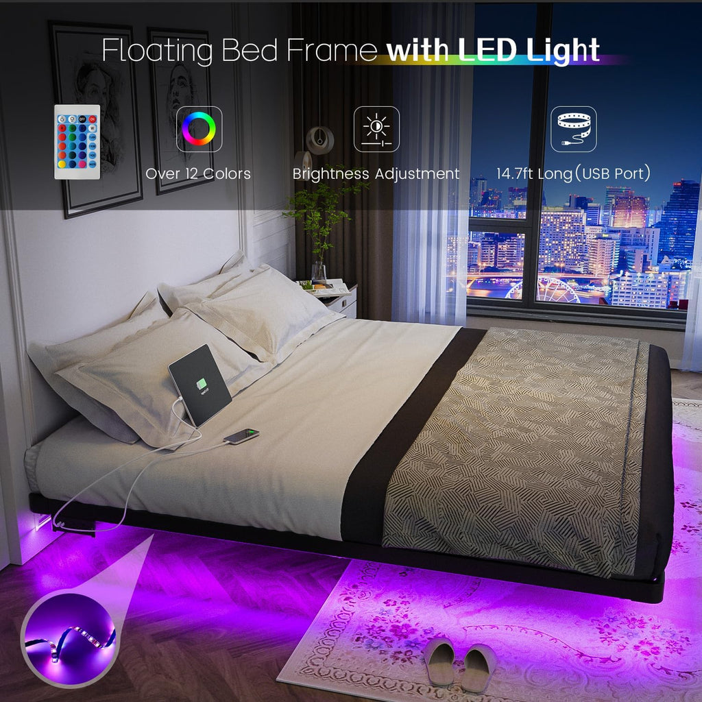 Floating Bed Frame King Size with LED Lights and Charging Station, King Metal Platform Bed Frame, No Box Spring Needed, Easy Assembly (King)