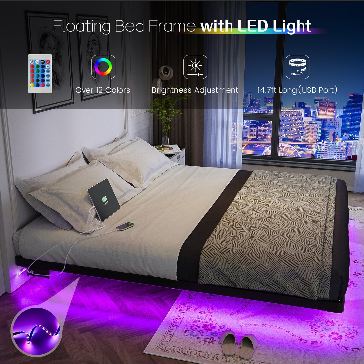 Floating Bed Frame King Size with LED Lights and Charging Station, King Metal Platform Bed Frame, No Box Spring Needed, Easy Assembly (King)
