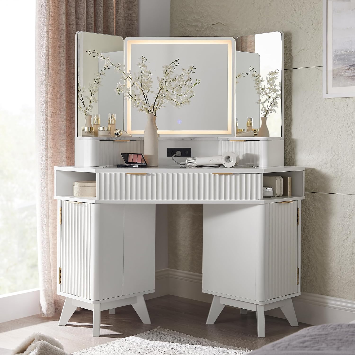 T4TREAM Fluted Makeup Vanity Desk with 3 Way Mirror and Lights, 48' Large Corner Vanity Table with Glass Top, Charging Station, 3 Drawers, Storage Cabinets & Shelves, for Bedroom, Solid White