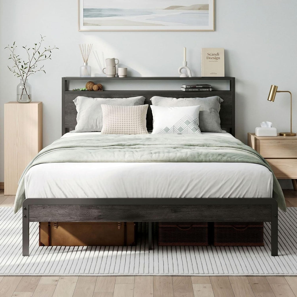 LIKIMIO Full Bed Frame with Headboard, Dark Wood Camas Full with Strong Supports, Sturdy, Noise-Free, No Box Spring Needed, Grey