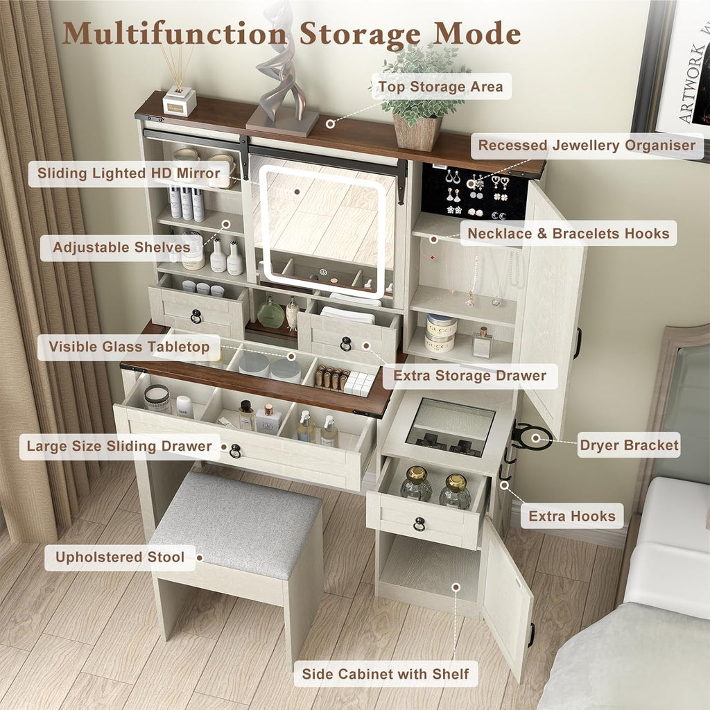 Farmhouse Makeup Vanity Desk with Sliding Mirror and Lights, 42' Glass Top White Vanity Set with Charging Station & 4 Drawers & 2 Cabinets, Dressing Table with Stool for Bedroom