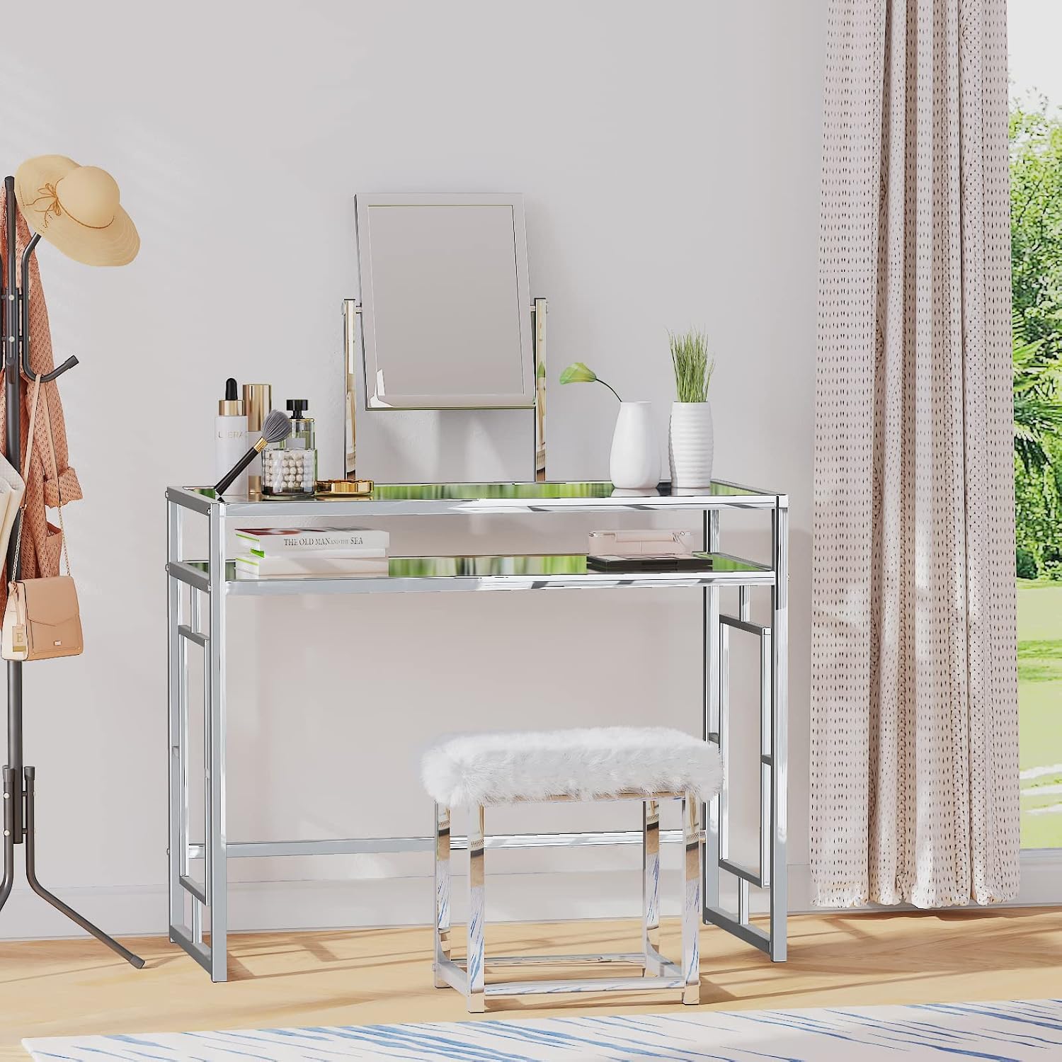 Acme Josh Metal Frame Vanity and Stool in White and Chrome