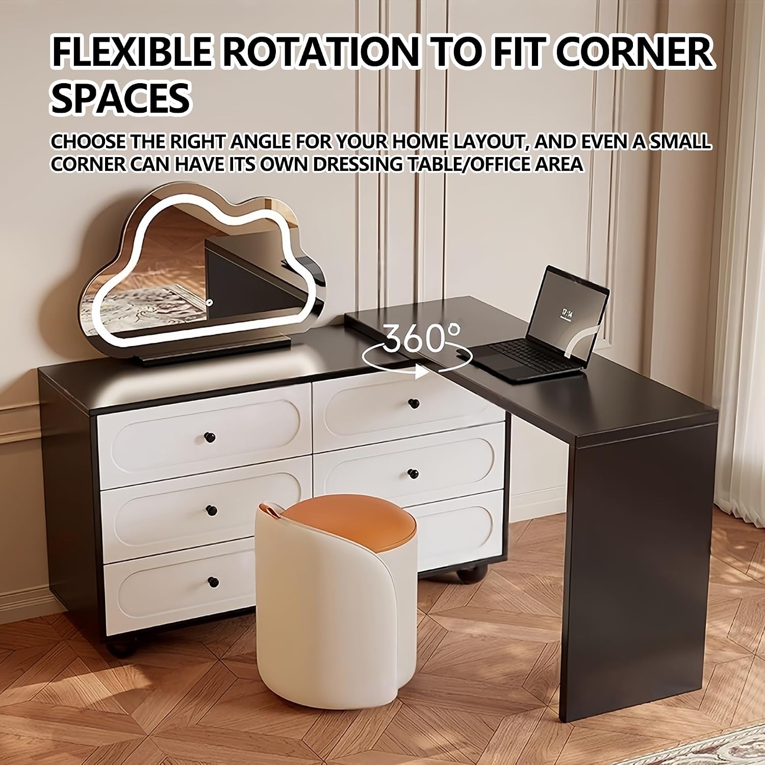Vanity Desk Table with 3 Color Lighted Cloud-Shaped Smart Makeup Mirror, Corner Dresser Wide Tabletop with Retractable Design, Drawers Chest Installed Left or Right(White,W/o CHR,47.2in)