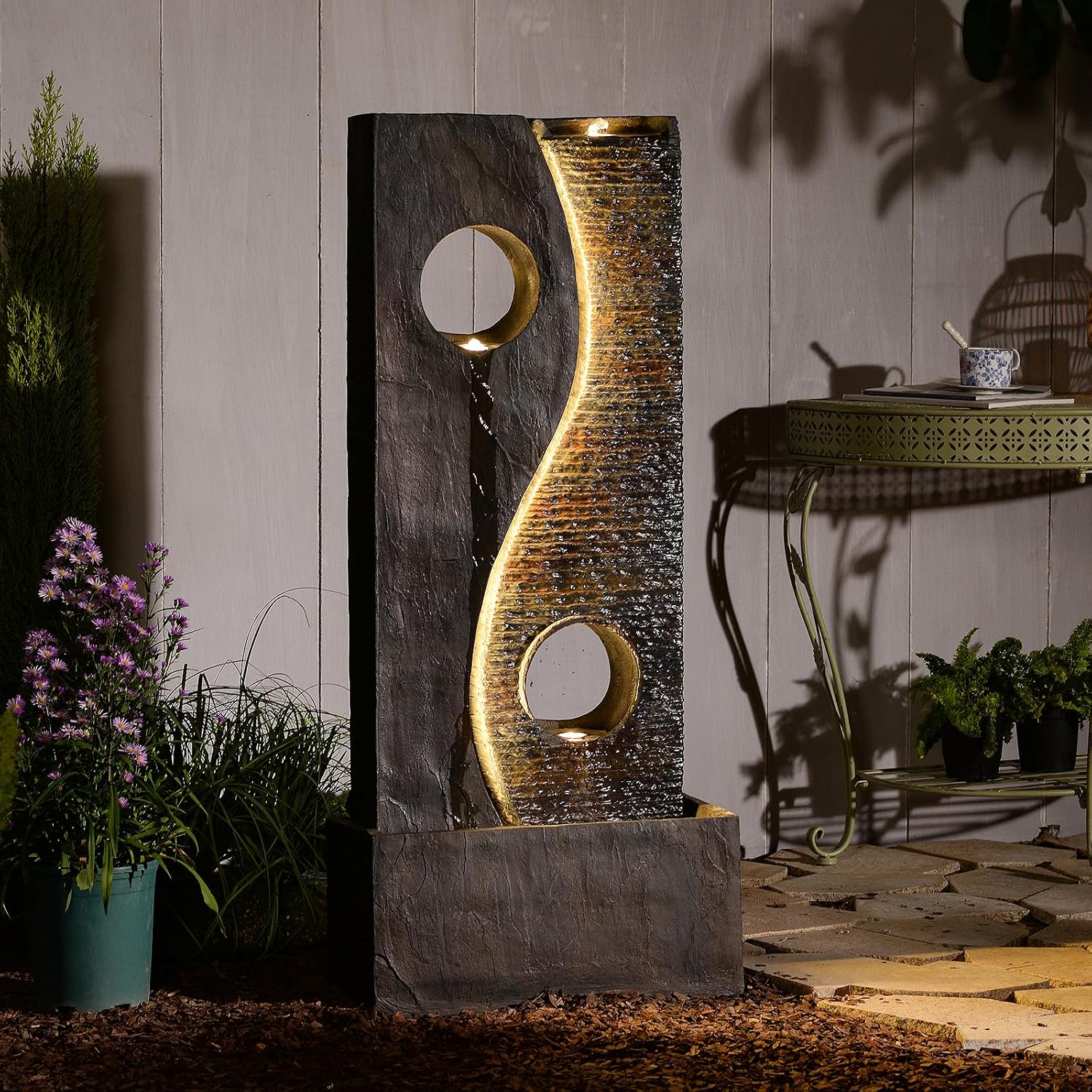 Tankana 47 inches Outdoor Water Fountain Garden Waterfall Indoor Large Water Feature Freestanding Fountains with LED Strips, Three spouts for Patio Backyard Deck Porch Home Decor, Dark Gray