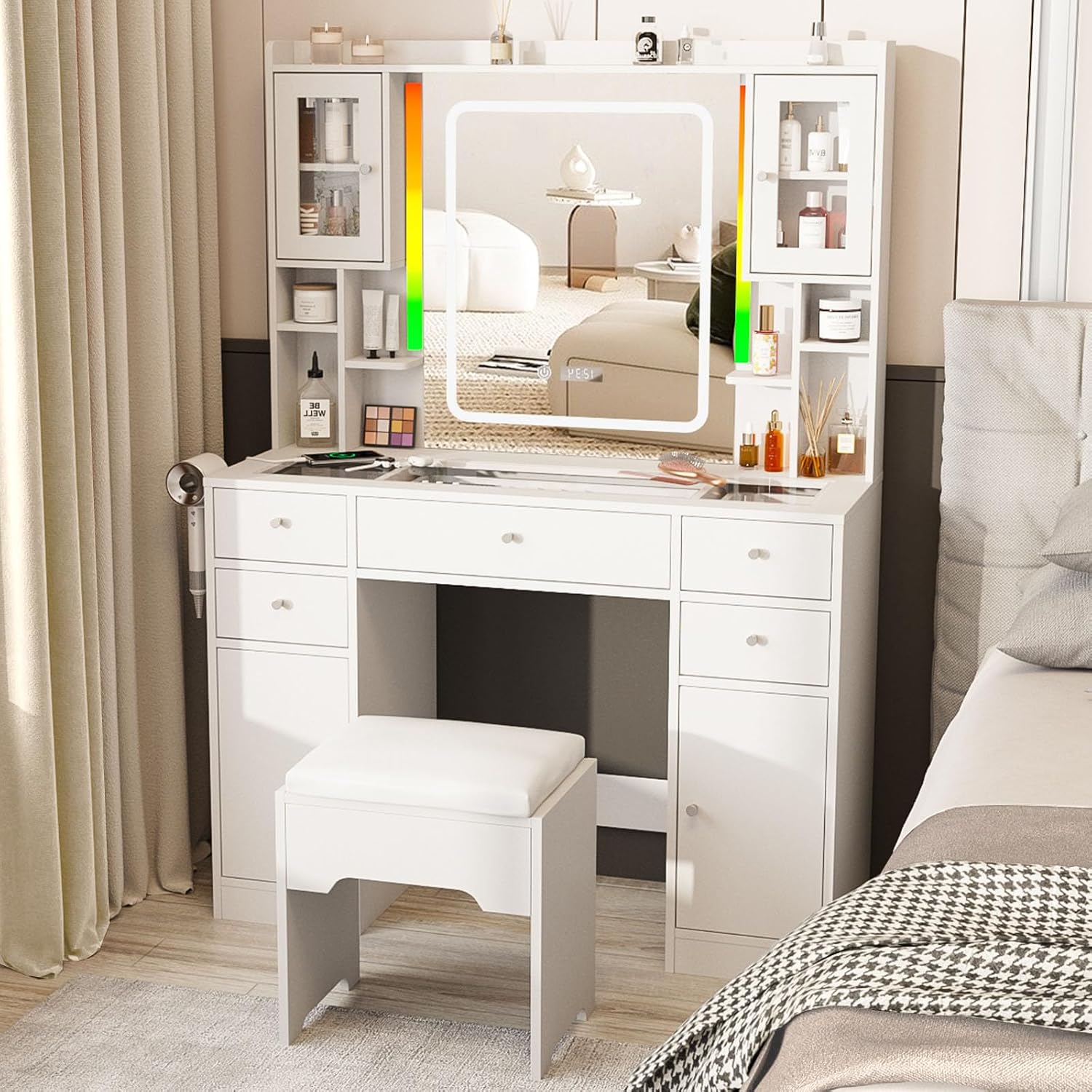 Halitaa White Vanity Desk with LED Mirror,Makeup Vanity with Charging Station & RGB Lights,5 Drawers 4 Shelves Makeup Desk Vanity Table Stool Set with Glass Table Top & Time Display Lights, White