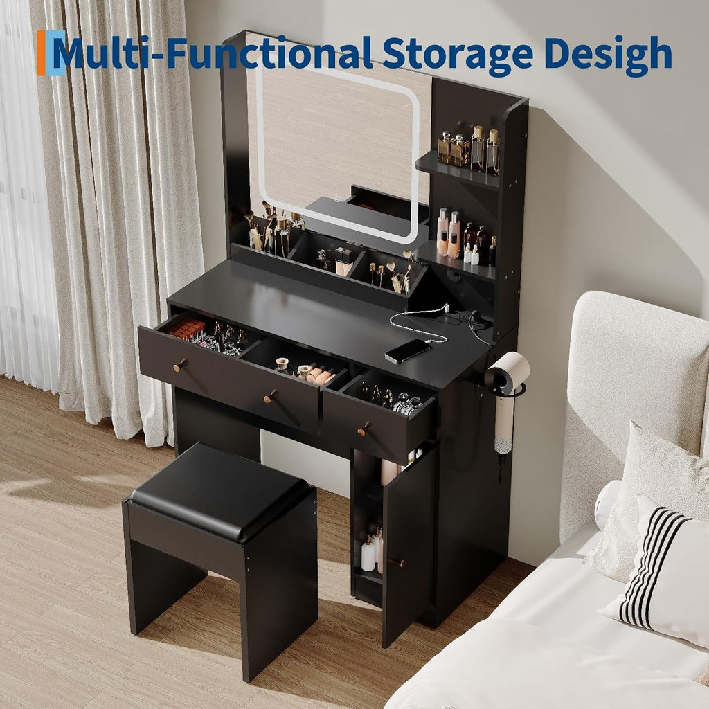 HaHarmoHaby Vanity Desk with Lighted Mirror, Makeup Vanity Table with 4 Drawers, Shelves,3 Color Modes & Adjustable Brightness, Dressing Table Set with Stool for Bedroom