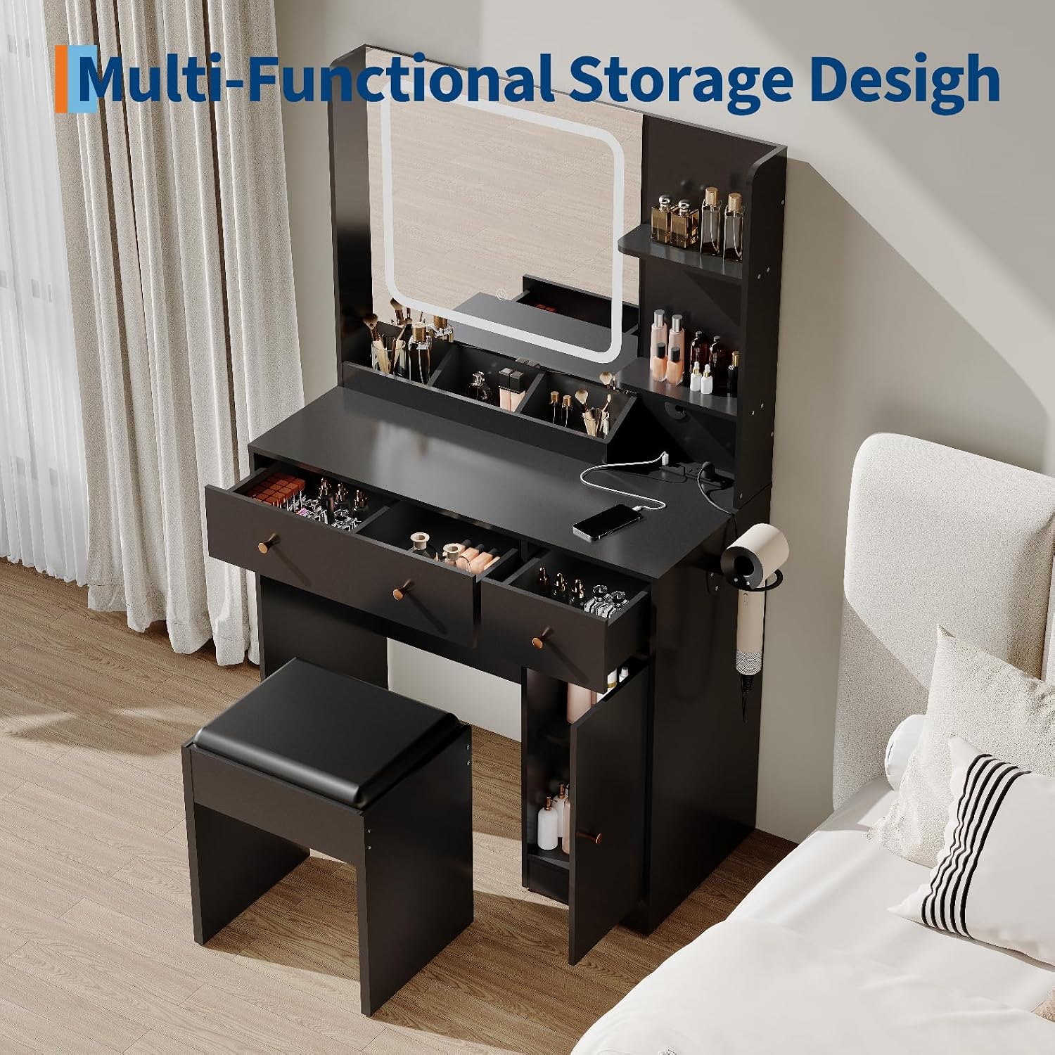 HaHarmoHaby Vanity Desk with Lighted Mirror, Makeup Vanity Table with 4 Drawers, Shelves,3 Color Modes & Adjustable Brightness, Dressing Table Set with Stool for Bedroom