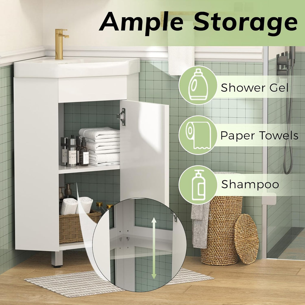 Findepot 24' Corner Bathroom Vanity Sink Combo for Small Space Freestanding Compact Space Bathroom Storage Cabinet with White Ceramic Sink, Adjustable Shelf and Black Handle, White