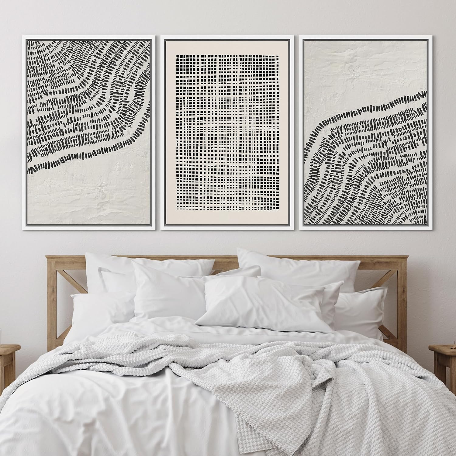 SIGNLEADER Framed Canvas Print Wall Art Set Minimalist Black and White Geometric Abstract Pattern and Line Illustrations Boho Decorative for Living Room, Bedroom, Office - 16'x24'x3 WHITE