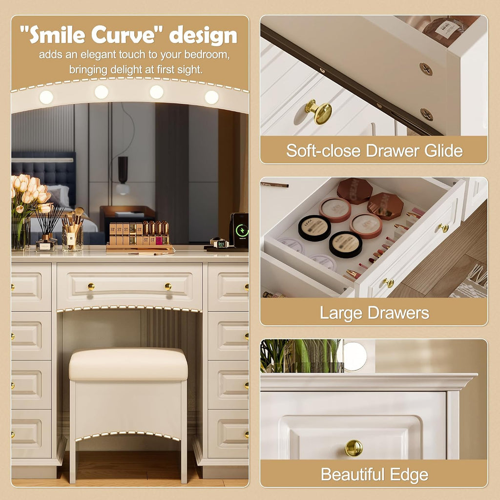 Merax 44.2' Makeup Vanity Desk with Mirror and 10 Bulbs, White Dressing Table with Cushioned Stool and 9 Storage Drawers for Bedroom
