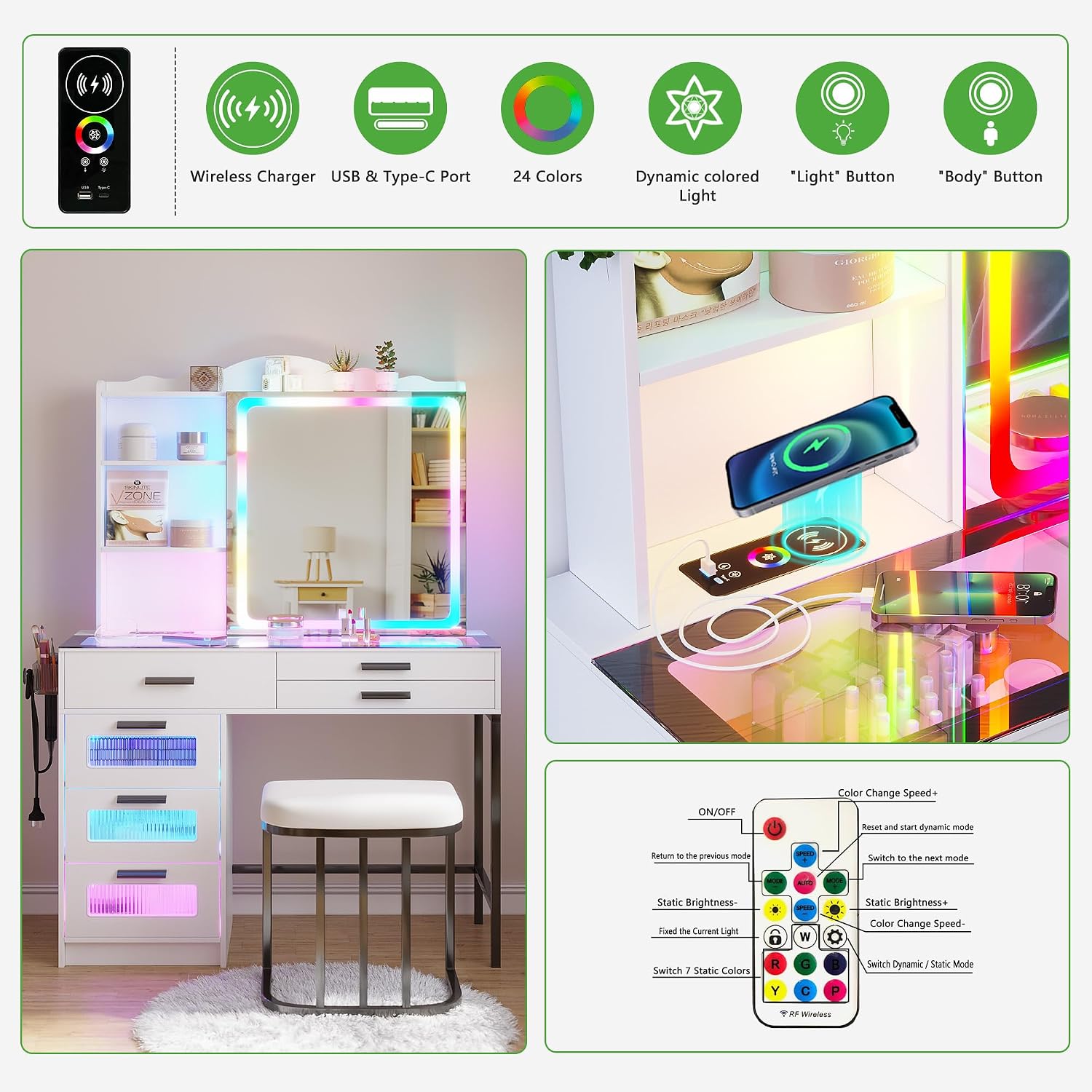 HENBC Vanity Desk with Sliding Mirror and Glass Desktop, LED Vanitys Mirror with RGB Lights Desk and Chair, Dressers Table Set with Charging Station/Makeup Organizer/6 Drawers for Bedroom(White)