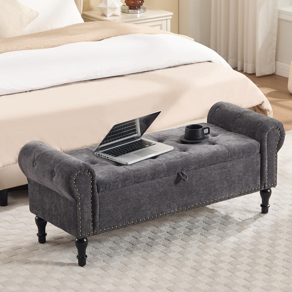 51' Storage Bench for Bedroom, Chenille End of Bed Bench, Queen Size Bench with Rolled Arms, Tufted Storage Ottoman Benches, Upholstered Bench for Bedroom, Living Room, Entryway, Dark Grey