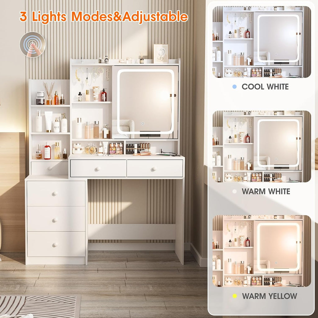 Vabches Vanity Desk with Mirror and Lights, Makeup Vanity with 6 Drawers and Shelves, Dressing Table with Power Outlet, Makeup Desk with Led Lighted Mirror in 3 Colors, for Bedroom, White