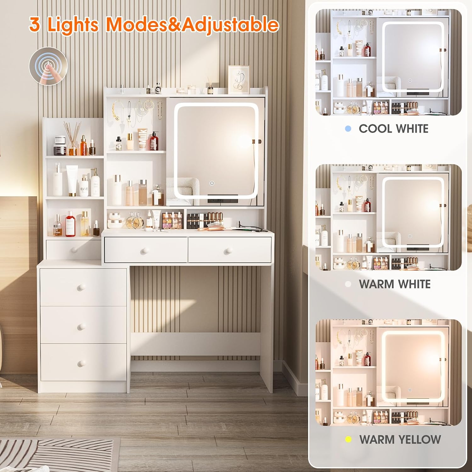 Vabches Vanity Desk with Mirror and Lights, Makeup Vanity with 6 Drawers and Shelves, Dressing Table with Power Outlet, Makeup Desk with Led Lighted Mirror in 3 Colors, for Bedroom, White