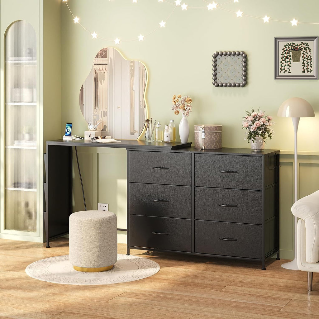 Simoretus Modern Corner Vanity Desk with 6 Fabric Drawers Power Outlet Side Pocket L Shaped Drawers Makeup Desk Dressing Table for Girls Women Bedroom (Black)