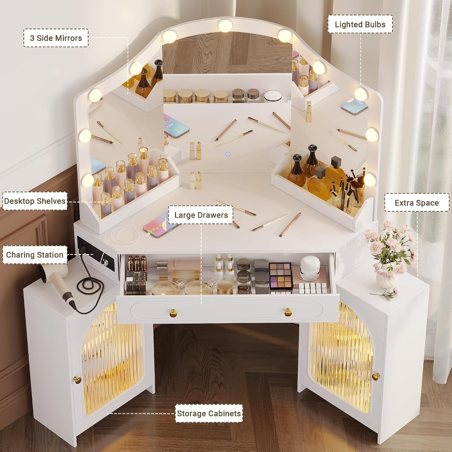 Corner Vanity Desk with 3 Way Mirror & LED Lights, Makeup Table Set with Charging Station, Storage Drawers & Side Cabinets, Modern Bedroom Dressing Table for Women & Girls Birthday Gift