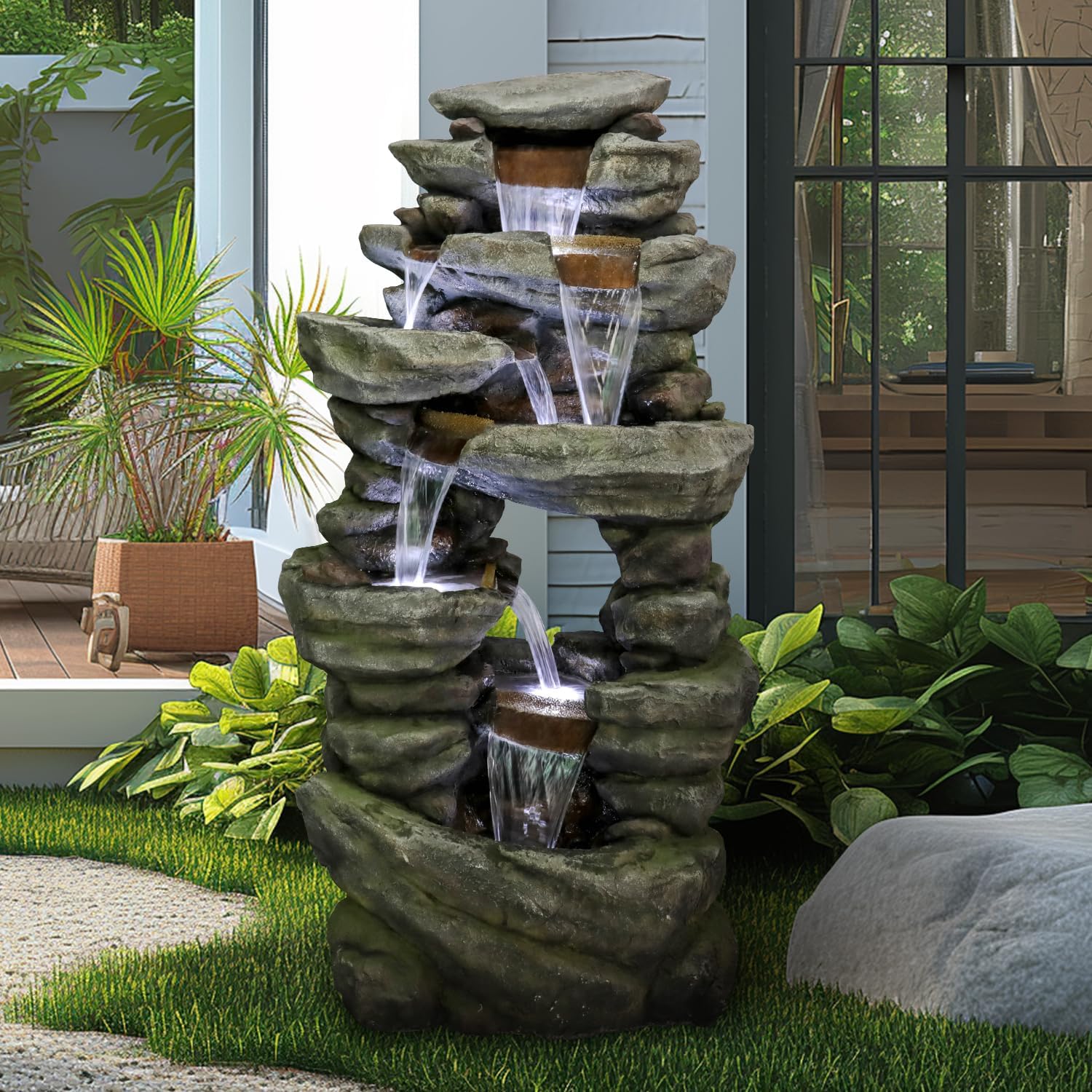 SunJet 60' High 7-Tiers Cascading Rock Outdoor Water Fountain with LED Lights - Large Outdoor Fountains and Waterfalls for Garden or Patio, Yard, and Deck Decor, Featuring Natural Stone Look