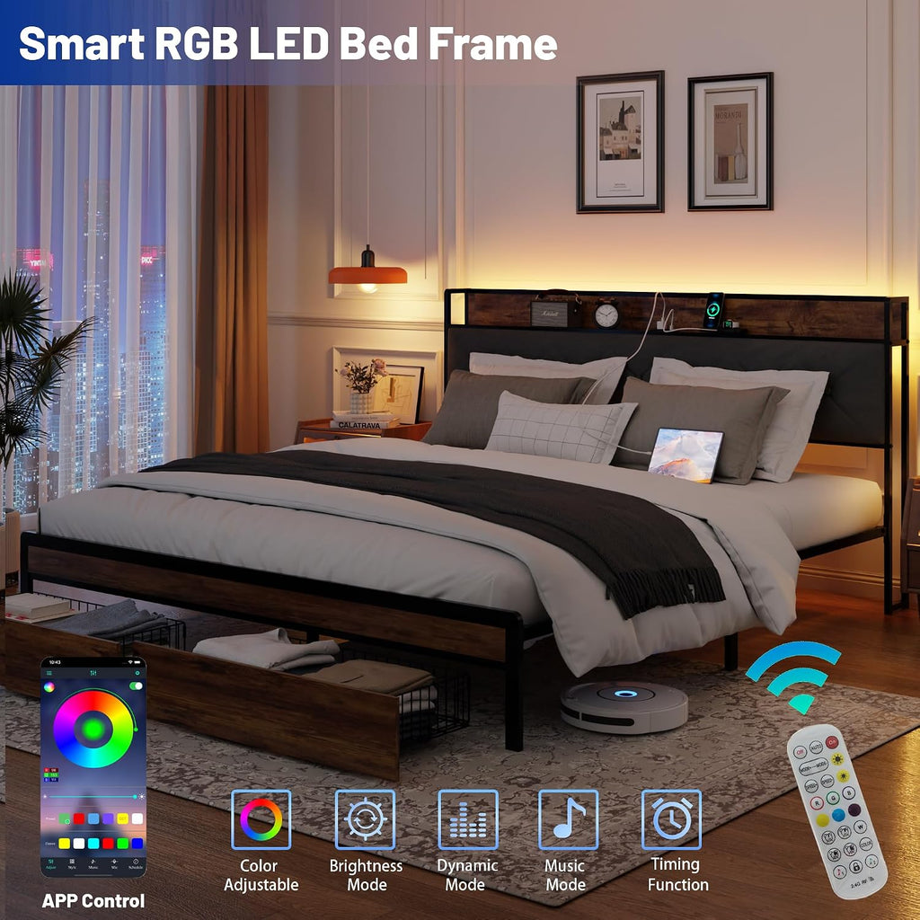 King Size Metal Platform Bed Frame with 2 Storage Drawers, LED Light, Velvet Headboard with USB Port - Heavy Duty, Brown Wooden Panel, No Box Spring Needed - King Bed Frame with Storage (Brown, King)