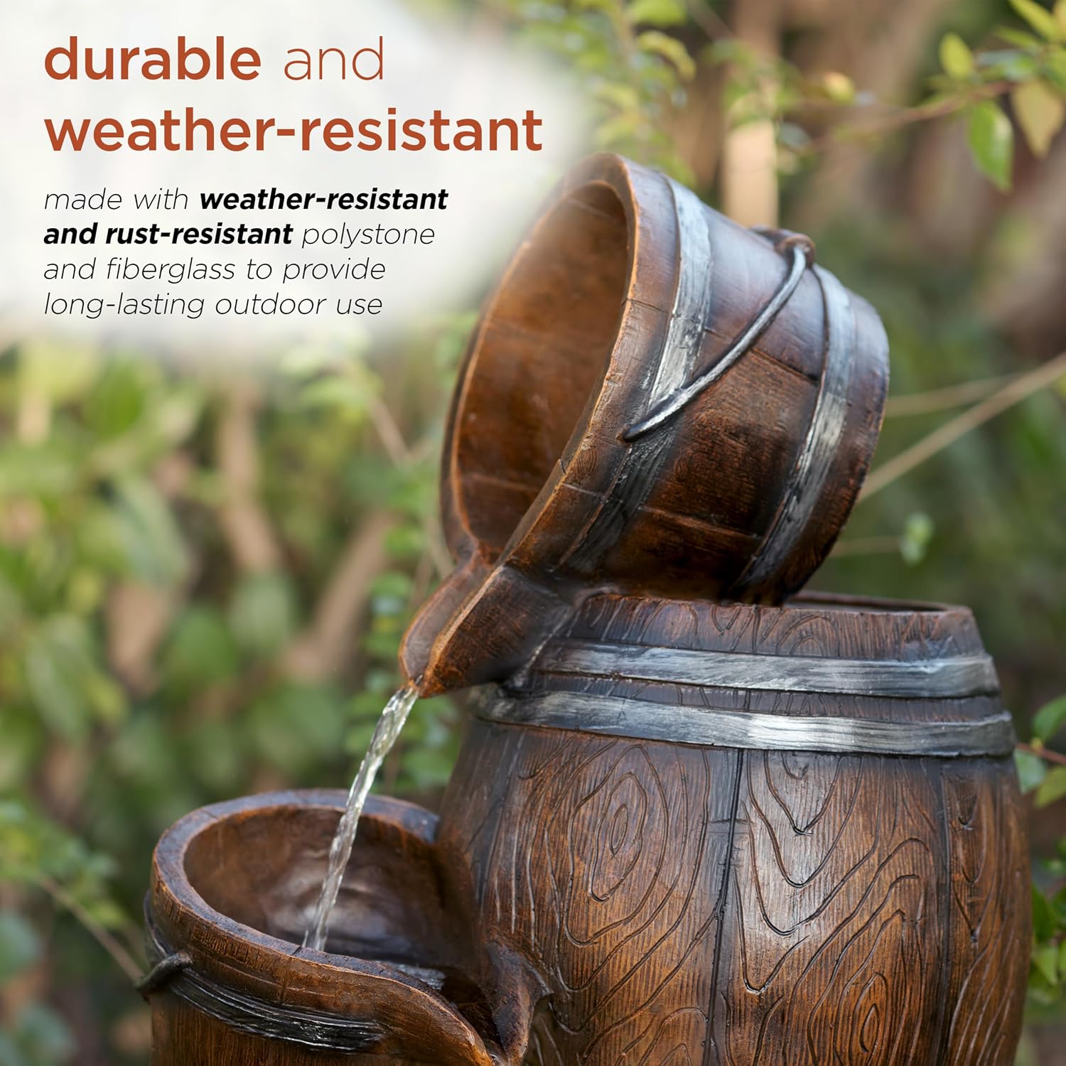 Alpine Corporation ZEN409S Outdoor Rustic 4-Tiered Barrels and Buckets Water Floor Fountain - Farmhouse Style, 24 Inch Tall, Brown