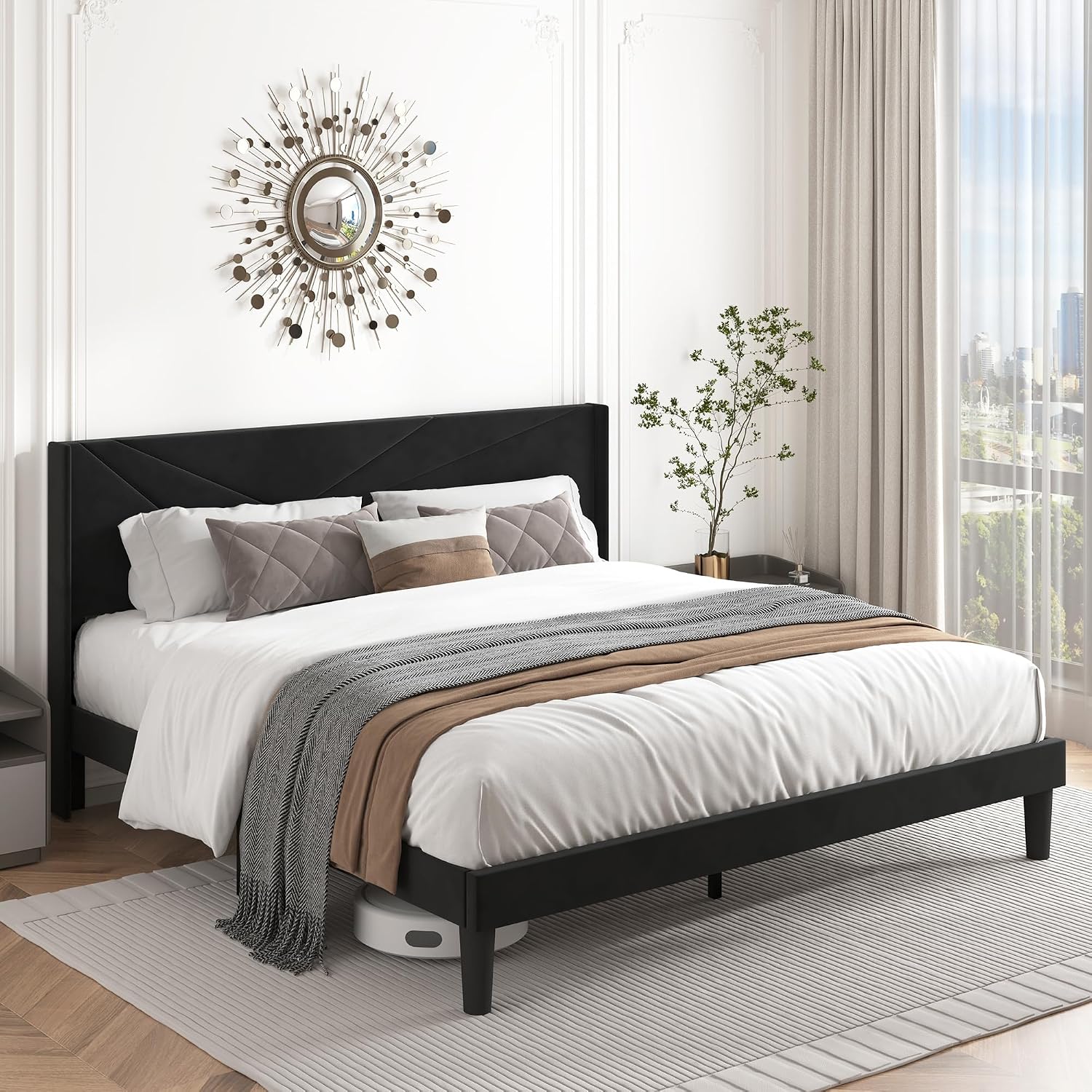 King Size Bed Frame with Upholstered Wingback Headboard, Easy Assemnly Platform Bed and Heavy Duty Wooden Slats Support, Noise-Free, No Box Spring Needed (Black, King)