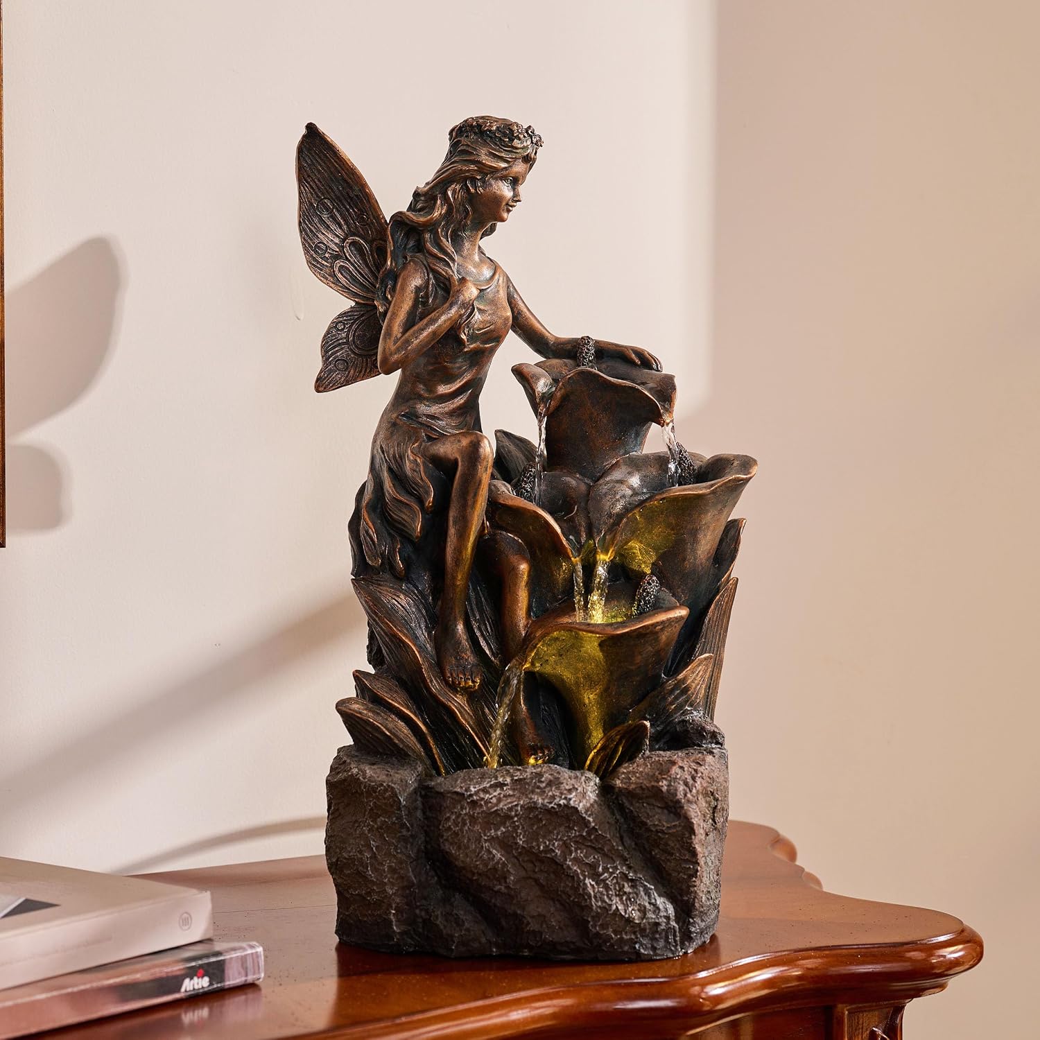 TERESA'S COLLECTIONS Water Fountain Outdoor Fairy Garden Statues with LED Lights and Pump, Large Floor Waterfall Backyard Water Fountains Porch Living Room Home Decor, Housewarming Gifts for Mom 19.3'