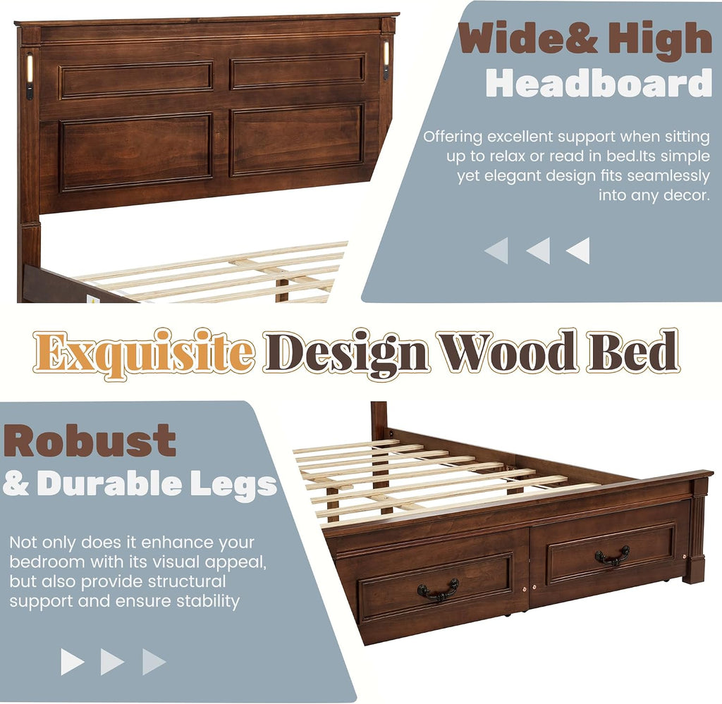 Queen Bed Frame with 46' Tall Headboard, Farmhouse Solid Wood Queen Platform Bed with 2 Storage Drawers,LED Lights & USB Charging Station,No Box Spring Needed, Walnut